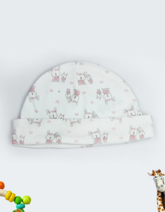 pink bunny white baby cap