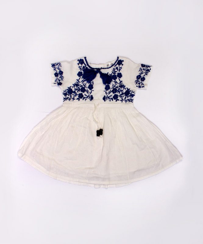 White Kids Frock with Blue Floral Design