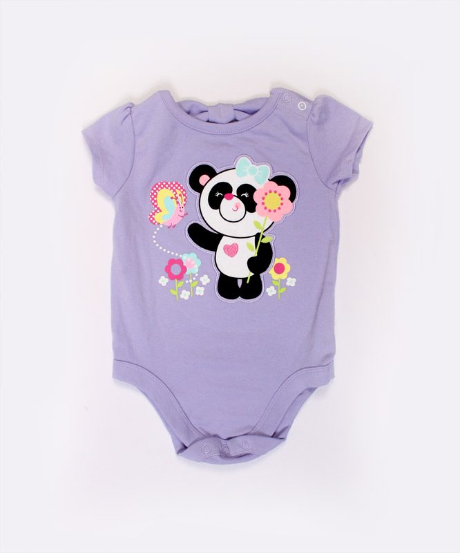 cute panda on a violet baby onesies