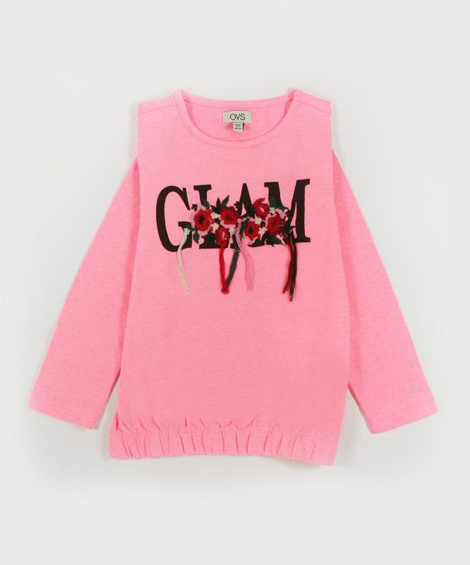 pink glam kids top with floral embroidery