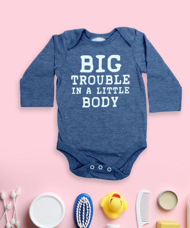 Big Trouble in little body blue baby rompers