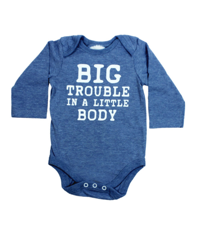 Big Trouble in little body blue baby rompers