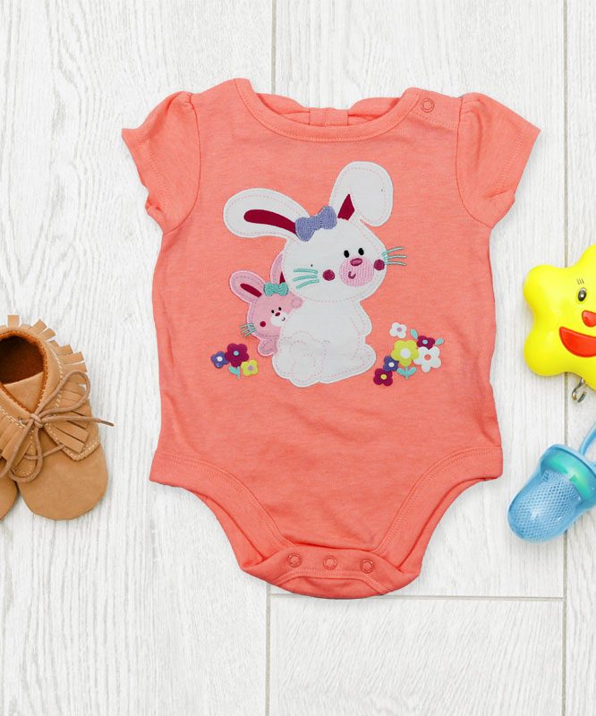 Two Cute Bunnies on Peach Baby Rompers
