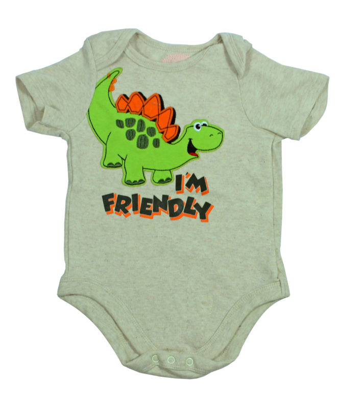 I'm friendly dino on grey rompers