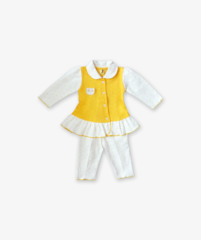 yellow doted frock with white doted pant