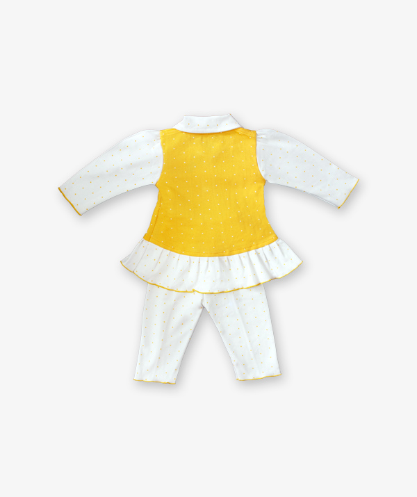yellow doted frock with white doted pant